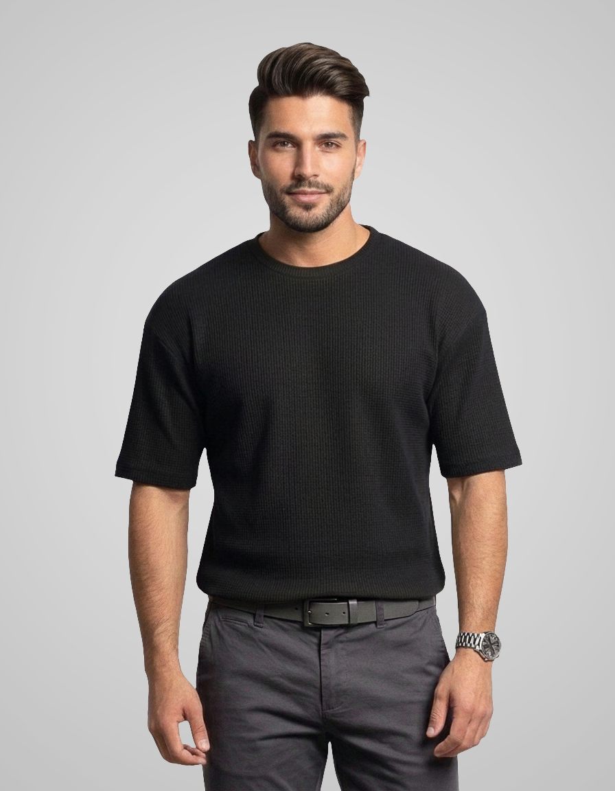Ikaaru - Oversized Waffle Knit Tee For Men - Black