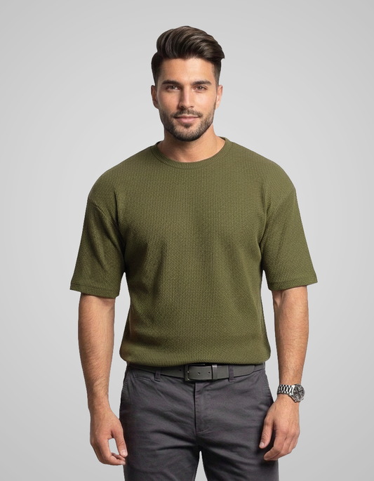 Ikaaru - Oversized Waffle Knit Tee For Men - Olive Green