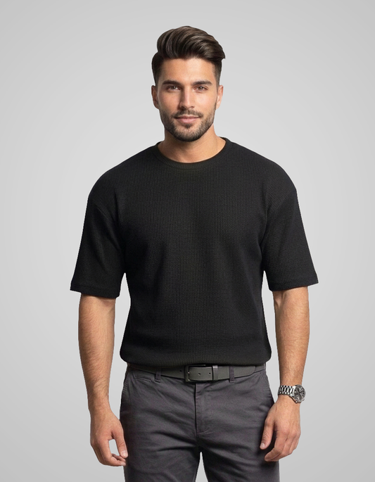 Ikaaru - Oversized Waffle Knit Tee For Men - Black