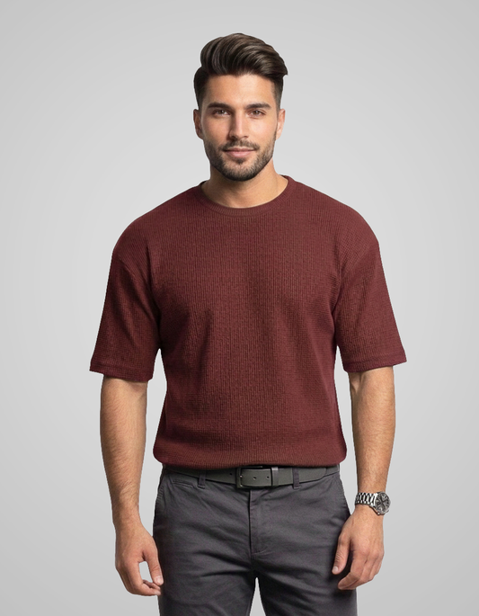 Ikaaru - Oversized Waffle Knit Tee For Men - Maroon