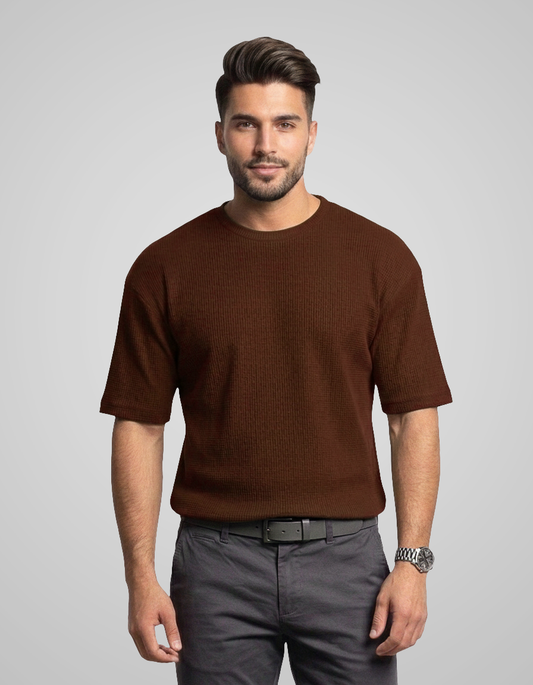 Ikaaru - Oversized Waffle Knit Tee For Men - Brown